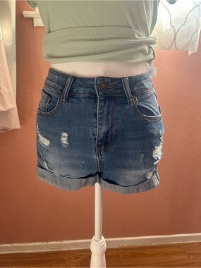 Dark Blue Distressed Denim Roll-Cuff Jean Shorts - (Brand: Unknown)